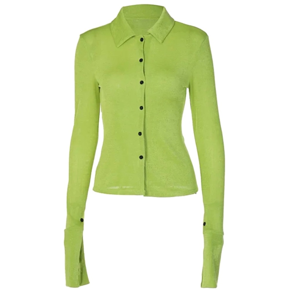 COMMENSE • Lime Green Exaggerated Long Sleeve Collared Button-Down Shirt, S - Picture 4 of 16